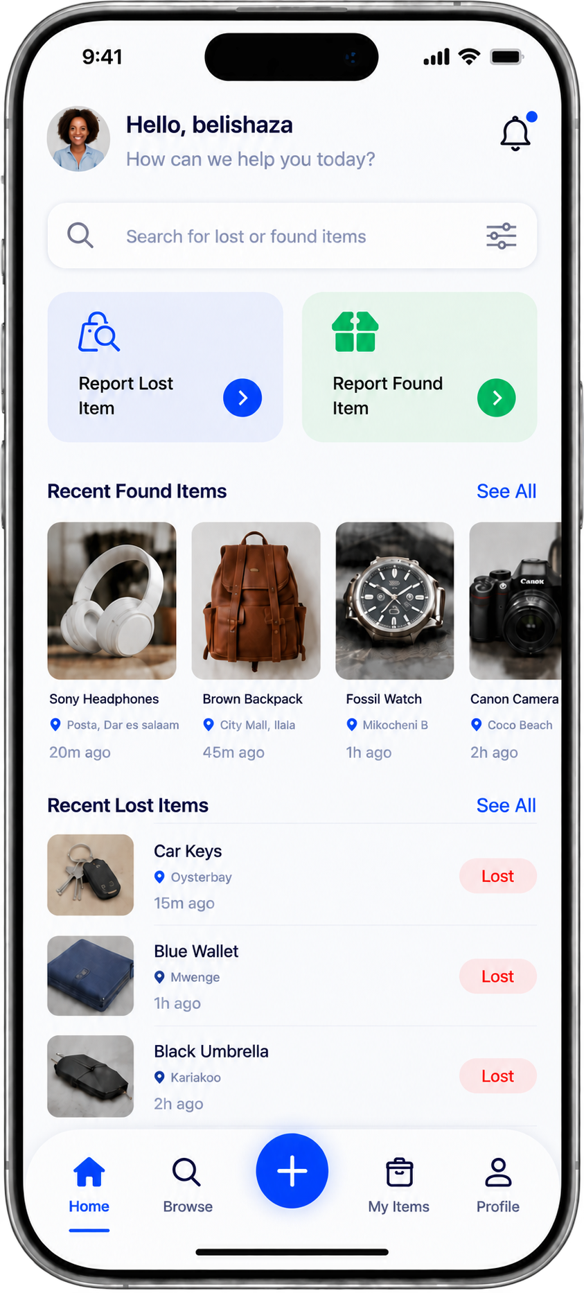 SalamaLink app home screen showing recent lost and found items
